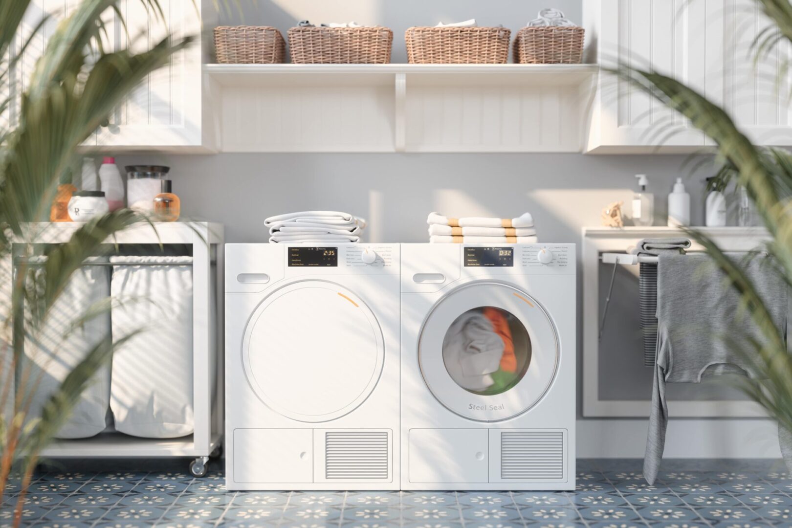 A white washer and dryer in a kitchen.