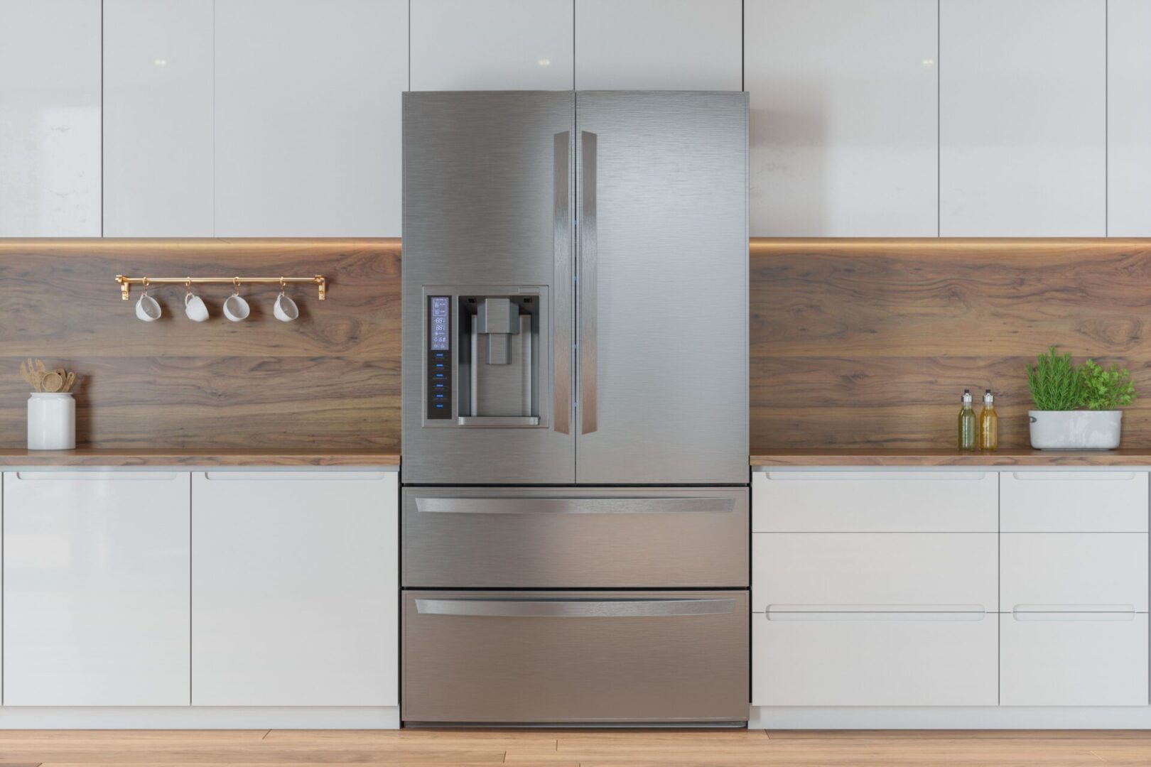 A stainless steel refrigerator with two drawers and a door.