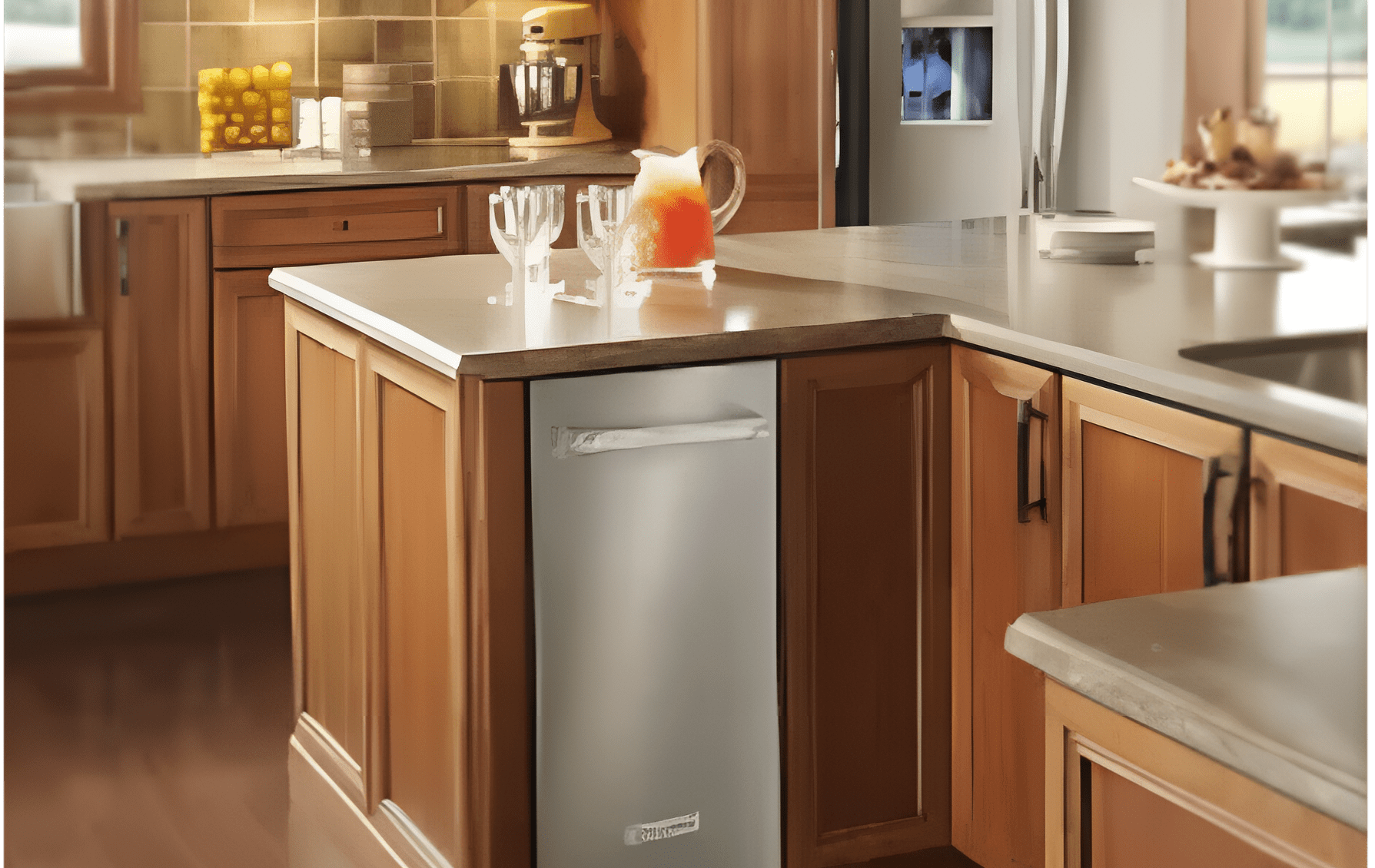 A kitchen with wooden cabinets and stainless steel appliances.