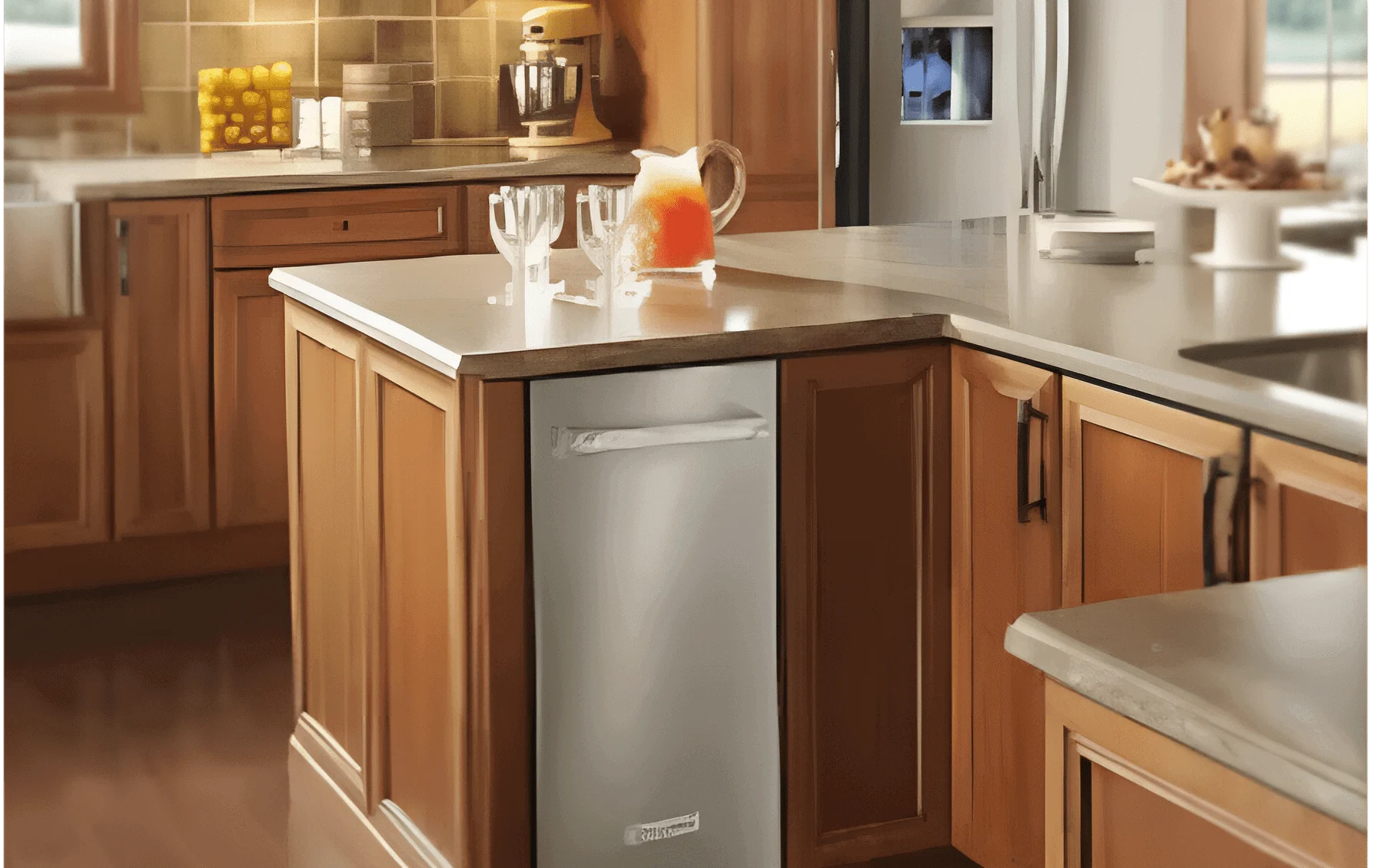 Warm kitchen island with pitcher and glassware